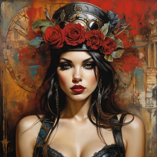 gypsy soul,headdress,boho art,fantasy art,the hat of the woman,steampunk,art painting,red rose,red roses,black hat,leather hat,the hat-female,young woman,romantic portrait,mystical portrait of a girl,italian painter,cleopatra,red hat,wild roses,fantasy portrait,Illustration,Realistic Fantasy,Realistic Fantasy 10