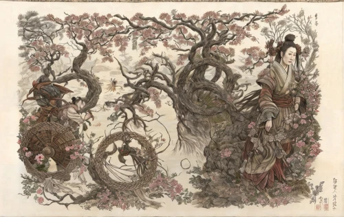 japanese kuchenbaum,the branches of the tree,the japanese tree,oriental painting,chinese art,khokhloma painting,fruit tree,elven forest,lithograph,happy children playing in the forest,plum blossoms,yi sun sin,flourishing tree,sakura tree,trees with stitching,illustration of the flowers,the roots of trees,fruit blossoms,the forests,garden of eden,Game Scene Design,Game Scene Design,Japanese Martial Arts