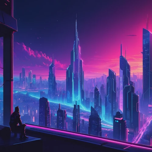 cyberpunk,futuristic landscape,cityscape,fantasy city,futuristic,metropolis,colorful city,ultraviolet,scifi,vast,sci-fi,sci - fi,city skyline,cyberspace,evening city,dystopian,80's design,city at night,dystopia,tokyo city,Conceptual Art,Fantasy,Fantasy 32