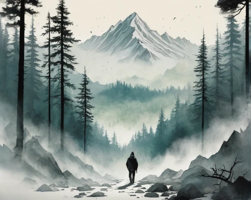 the spirit of the mountains,watercolor background,forest background,world digital painting,wilderness,landscape background,the wanderer,wanderer,the forests,foggy mountain,foggy forest,mountains,winter background,the forest,wander,spruce forest,mountain,coniferous forest,mountain scene,free wilderness,Illustration,Paper based,Paper Based 07