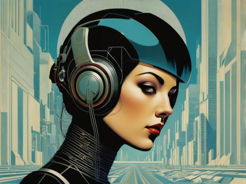 transistor,art deco woman,streampunk,audiophile,transistor checking,telephone operator,sci fiction illustration,art deco,cybernetics,stereophonic sound,wireless headset,headset,head woman,retro woman,art deco background,audio player,casque,two-way radio,headphone,cyberpunk,Illustration,Retro,Retro 15