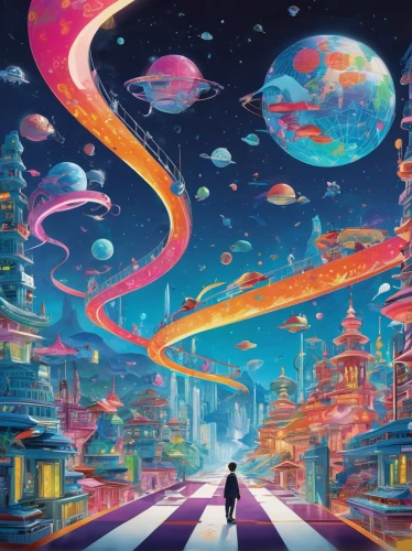 futuristic landscape,fantasy city,panoramical,dream world,fantasy world,other world,cosmos,space art,universe,alien world,sci fiction illustration,alien planet,planet,planets,scifi,planet alien sky,sky space concept,world digital painting,colorful city,gas planet,Illustration,Abstract Fantasy,Abstract Fantasy 13