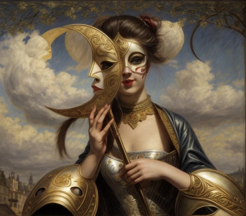 venetian mask,fantasy portrait,masquerade,gold mask,golden mask,mary-gold,cleopatra,the carnival of venice,golden unicorn,golden crown,baroque angel,artemisia,gold crown,horn of amaltheia,golden apple,golden wreath,gold lacquer,laurel wreath,woman with ice-cream,athena,Common,Common,Natural