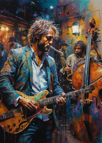 musicians,jazz guitarist,jazz club,blues and jazz singer,man with saxophone,saxophone playing man,musician,orchestra,jazz,guitar player,violinists,orchesta,saxophonist,banjo player,oil painting on canvas,rhythm blues,violin player,big band,live music,symphony orchestra,Illustration,Paper based,Paper Based 13