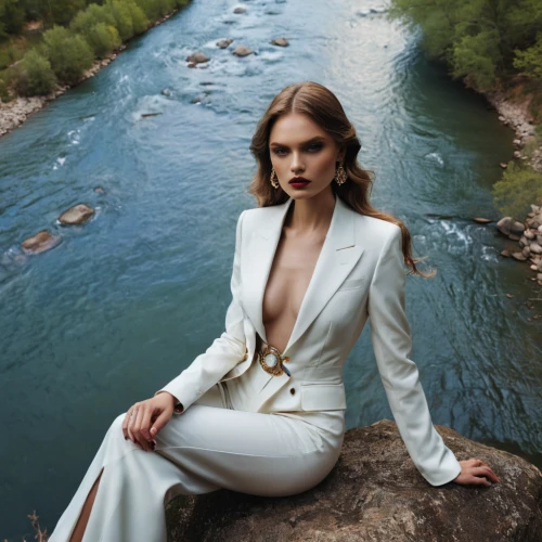 girl on the river,the blonde in the river,white silk,jumpsuit,bolero jacket,pantsuit,elegant,silver,on the river,floating on the river,elegance,river side,water nymph,vogue,white velvet,white bow,photo session in bodysuit,white winter dress,ivory,white clothing,Photography,Fashion Photography,Fashion Photography 01