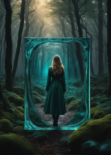 magic mirror,mirror of souls,mirror in the meadow,looking glass,fantasy picture,mystical portrait of a girl,the mirror,mirror house,frame illustration,enchanted,fae,celtic woman,fantasy portrait,cloak,photomanipulation,outside mirror,fairy door,mirror frame,parallel worlds,world digital painting,Photography,Artistic Photography,Artistic Photography 03