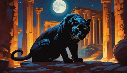 panther,panthera leo,canis panther,the sphinx,lion - feline,sphinx,stone lion,felidae,zodiac sign leo,black cat,karnak,lion,midnight blue,feral,gargoyles,lion fountain,sci fiction illustration,lionesses,king of the jungle,cat on a blue background,Conceptual Art,Daily,Daily 12