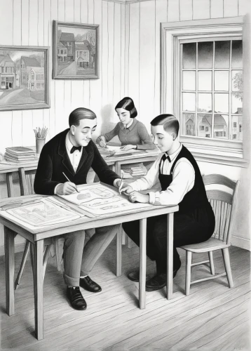 men sitting,children studying,game illustration,board room,vintage drawing,vintage illustration,conference table,retro 1950's clip art,dining table,kitchen table,businessmen,card table,craftsmen,male poses for drawing,cafeteria,classroom,boardroom,classroom training,table shuffleboard,conference room table,Illustration,Black and White,Black and White 22