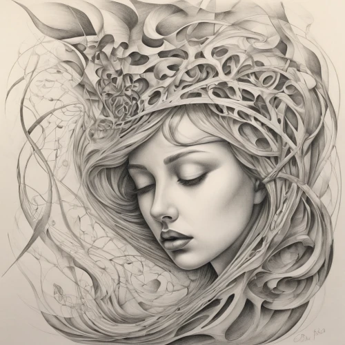 pencil drawings,dryad,the sleeping rose,medusa,girl in a wreath,fantasy portrait,crown of thorns,mystical portrait of a girl,graphite,pencil art,siren,pencil drawing,boho art,filigree,wilted,headdress,fantasy art,faery,pencil and paper,the enchantress,Illustration,Black and White,Black and White 07