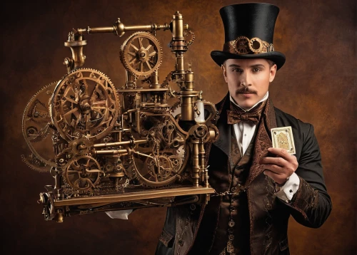 clockmaker,watchmaker,steampunk,scientific instrument,steampunk gears,projectionist,coffee grinder,the gramophone,bicycle mechanic,the phonograph,inventor,ringmaster,man with a computer,orrery,magician,crypto mining,portrait photographers,the ethereum,theoretician physician,experimental musical instrument,Illustration,Realistic Fantasy,Realistic Fantasy 13