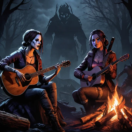 halloween illustration,campfire,halloween poster,game illustration,musicians,devilwood,rock band,campfires,halloween background,halloween scene,halloween ghosts,halloween wallpaper,serenade,folk music,duet,fireside,halloween and horror,goth festival,helloween,witches,Conceptual Art,Fantasy,Fantasy 34