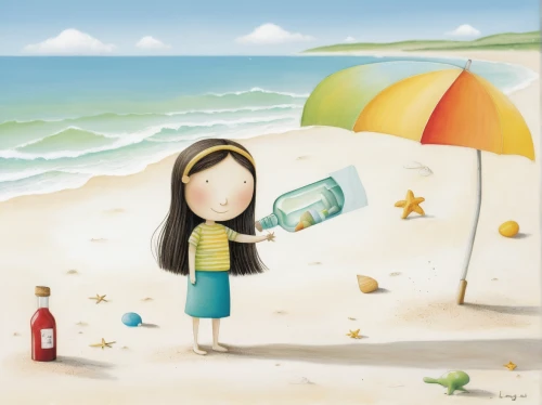 beachcombing,book illustration,message in a bottle,girl with speech bubble,woman with ice-cream,girl with bread-and-butter,salesgirl,beach umbrella,girl on the dune,little girl reading,windfall,sea beach-marigold,child with a book,beach background,travel woman,exploration of the sea,summer beach umbrellas,sand dollar,the beach fixing,greetting card,Illustration,Abstract Fantasy,Abstract Fantasy 22