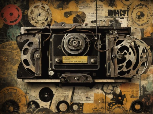 movie camera,vintage camera,twin lens reflex,analog camera,old camera,point-and-shoot camera,cd cover,photo-camera,projectionist,film projector,camera illustration,vintage box camera,theodolite,boombox,twin-lens reflex,box camera,camerist,photo camera,ambrotype,filmstrip,Illustration,Realistic Fantasy,Realistic Fantasy 29