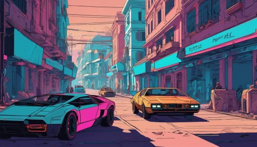 colorful city,neon arrows,street canyon,alleyway,alley,neon,neon ghosts,suburb,neon colors,cityscape,80s,80's design,the street,street,pink car,urban,neon candies,cyberpunk,neighborhood,digital painting,Conceptual Art,Fantasy,Fantasy 23