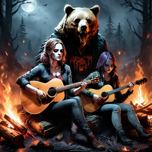 rock band,campfire,the bears,buffalo plaid bear,musicians,folk music,wolves,red riding hood,werewolves,nordic bear,game illustration,halloween poster,bears,grizzlies,two wolves,blackmetal,buskin,guitar player,campfires,bard,Conceptual Art,Fantasy,Fantasy 34