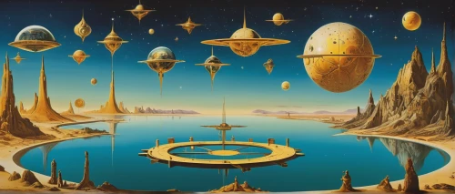 copernican world system,alien planet,space ships,planetary system,alien world,pioneer 10,planets,airships,planet eart,futuristic landscape,spaceships,binary system,space art,compans-cafarelli,sci fiction illustration,planet alien sky,federation,orbiting,extraterrestrial life,the solar system,Art,Artistic Painting,Artistic Painting 20