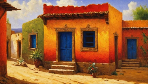 hacienda,pueblo,santa fe,majorelle blue,nicaraguan cordoba,san pedro de atacama,trinidad cuba old house,terracotta,maspalomas,khokhloma painting,mediterranean,albuquerque,village scene,vicuña,yucatan,antigua,traditional house,terracotta tiles,morocco,merzouga,Art,Classical Oil Painting,Classical Oil Painting 42