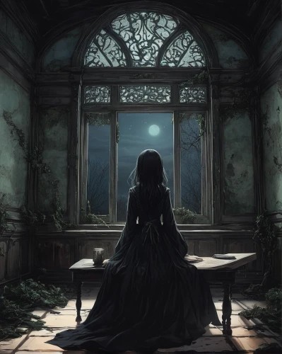 gothic woman,gothic,witch house,gothic dress,gothic style,dark art,house silhouette,dark gothic mood,tale,hall of the fallen,gothic portrait,atmospheric,witch's house,sorrow,dark world,sanctuary,darkness,longing,melancholy,dandelion hall,Illustration,Japanese style,Japanese Style 18