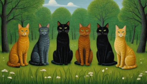 cat family,felines,vintage cats,cats,horsetail family,woodland animals,cat lovers,forest animals,cat image,cattles,american wirehair,breed cat,cattails,felidae,green animals,cat cartoon,whimsical animals,kittens,the animals,round animals,Art,Artistic Painting,Artistic Painting 02