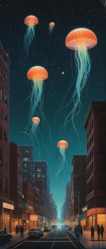 ufos,jellyfish collage,lanterns,alien invasion,ufo,flying seeds,fireflies,fairy lanterns,parachutes,sci fiction illustration,ufo intercept,chinese lanterns,sea jellies,jellyfish,airships,street lights,angel lanterns,lampshades,street lamps,lights serenade,Art,Artistic Painting,Artistic Painting 48