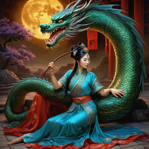 chinese dragon,dragon li,oriental princess,chinese art,golden dragon,oriental painting,fantasy picture,mulan,fantasy art,wyrm,chinese water dragon,snake charming,snake charmers,oriental girl,xing yi quan,green dragon,chinese horoscope,fantasy portrait,serpent,oriental,Illustration,American Style,American Style 07