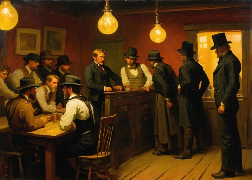 drinking establishment,the conference,shoemaker,men sitting,gas lamp,board room,drinking party,fraternity,the production of the beer,abraham lincoln,a meeting,boardroom,craftsmen,lamplighter,founding,consulting room,businessmen,group of people,wright brothers,brandy shop,Art,Classical Oil Painting,Classical Oil Painting 20