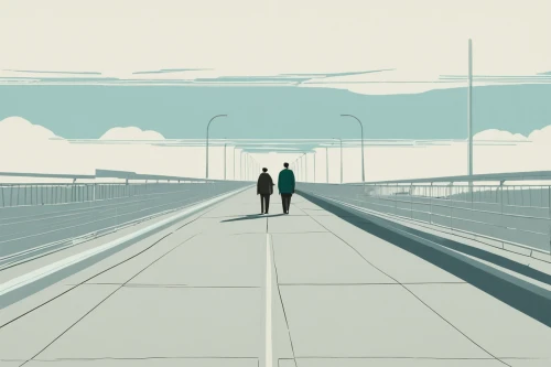 vanishing point,skytrain,boardwalk,crossing,moving walkway,two meters,people walking,pedestrian,overpass,skyway,commute,train station,long-distance train,walkway,train platform,sky train,commuting,light rail,the girl at the station,vintage couple silhouette,Illustration,Japanese style,Japanese Style 08