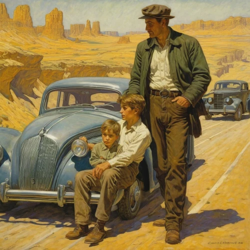 vintage art,father with child,ford motor company,ford pilot,john day,man and boy,car service,automobile,vintage boy and girl,american frontier,travel poster,desert safari,automobiles,vintage illustration,family car,boy scouts of america,sand road,grant wood,ford pampa,boy scouts,Illustration,Retro,Retro 01