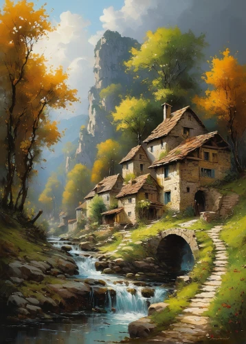 house in mountains,autumn landscape,mountain settlement,mountain village,house in the mountains,alpine village,home landscape,fall landscape,autumn idyll,water mill,autumn scenery,fantasy landscape,autumn mountains,world digital painting,autumn morning,rural landscape,autumn day,mountain scene,cottage,mountain landscape,Conceptual Art,Oil color,Oil Color 06