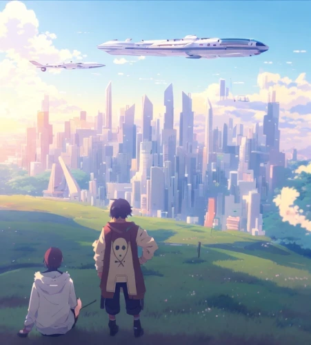 travelers,above the city,studio ghibli,dream world,journey,the horizon,sky city,atmosphere,skyland,skycraper,would a background,sky apartment,above the clouds,airship,above,arrival,airships,skywatch,a beautiful day,kingdom,Common,Common,Japanese Manga