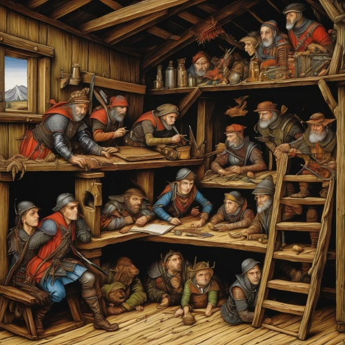 gnomes at table,children studying,dwarves,dwarfs,the pied piper of hamelin,gullivers travels,attic,half-timbered,portuguese galley,old trading stock market,half-timbered wall,the production of the beer,meticulous painting,the middle ages,shoemaker,compartment,shoemaking,middle ages,tavern,half timbered,Art,Classical Oil Painting,Classical Oil Painting 28