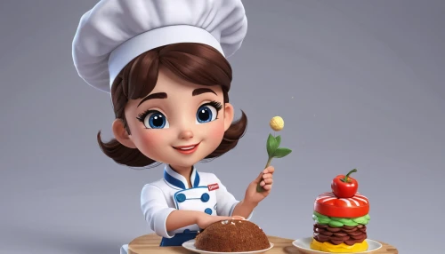 pastry chef,confectioner,chef,fondant,stylized macaron,chocolatier,waitress,girl in the kitchen,cooking book cover,cute cartoon image,ganache,food and cooking,cute cartoon character,little cake,pepper cake,cake decorating,cookery,petit gâteau,choux pastry,cooking chocolate,Unique,3D,3D Character