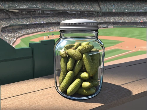 pickled cucumbers,ballpark,pickles,snake pickle,pickled cucumber,dugout,mixed pickles,baseball stadium,baseball drawing,anaheim peppers,sunflower seeds,baseball park,baseball field,baseball,sports game,storage-jar,jalapenos,sports fan accessory,jars,pickled,Conceptual Art,Daily,Daily 35