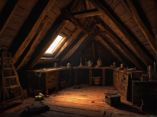 attic,apothecary,study room,wooden beams,croft,woodwork,wooden roof,wooden hut,cabin,danish room,wooden windows,log home,workbench,wooden construction,wooden house,nest workshop,abandoned room,witch's house,cold room,tinsmith,Conceptual Art,Fantasy,Fantasy 09