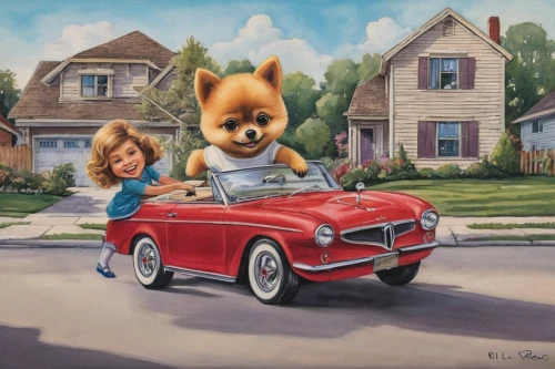 oil painting on canvas,family car,oil painting,corgis,oil on canvas,rover streetwise,vintage art,crossover suv,automotive decor,american stafford,vintage children,kids illustration,vintage boy and girl,corgi,dog street,bobby-car,playing dogs,anthropomorphized animals,pomeranian,family motorcycle,Illustration,Retro,Retro 06