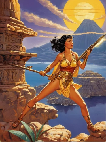 warrior woman,wonderwoman,wonder woman city,female warrior,wonder woman,athena,pocahontas,fantasy woman,heroic fantasy,goddess of justice,quarterstaff,lasso,greek myth,zodiac sign libra,swordswoman,cleopatra,ancient egypt,moana,ancient egyptian girl,pyrrhula,Illustration,Retro,Retro 02