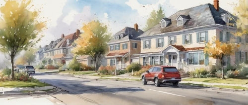 row houses,townhouses,row of houses,chestnut avenue,neighborhood,watercolor sketch,houses clipart,watercolor shops,north american fraternity and sorority housing,watercolor,georgetown,greystreet,street scene,apartment buildings,watercolor painting,old avenue,home landscape,old houses,fall landscape,neighbourhood,Conceptual Art,Oil color,Oil Color 06