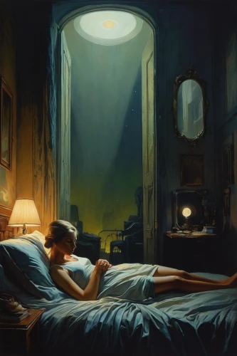 woman on bed,sleeping room,insomnia,night scene,romantic night,nightlight,the girl in nightie,bedside lamp,night light,girl in bed,bedroom,evening atmosphere,nocturnes,blue lamp,sci fiction illustration,romantic scene,yellow light,light of night,before dawn,blue room,Conceptual Art,Fantasy,Fantasy 04