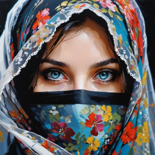 islamic girl,muslim woman,women's eyes,burqa,hijaber,headscarf,muslima,hijab,girl in cloth,regard,abaya,veil,blue eyes,oil painting on canvas,arabian,iranian,persian,blue eye,eyes,mystical portrait of a girl,Conceptual Art,Oil color,Oil Color 07