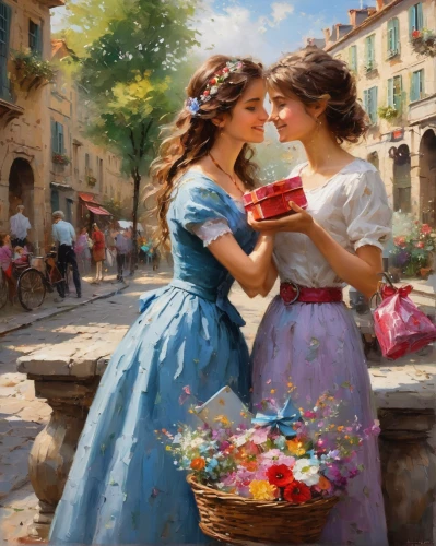 flower delivery,emile vernon,romantic portrait,love letter,girl kiss,italian painter,romantic scene,oil painting on canvas,girl picking flowers,florists,oil painting,serenade,art painting,courtship,holding flowers,with a bouquet of flowers,picking flowers,bougereau,love letters,kiss flowers,Conceptual Art,Oil color,Oil Color 06