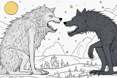 two wolves,wolf couple,wolves,werewolves,howl,werewolf,wolf's milk,sun and moon,constellation wolf,confrontation,howling wolf,wolf,the wolf pit,coloring page,wolf hunting,encounter,wolf pack,forbidden love,canis lupus,gray wolf,Illustration,Children,Children 06
