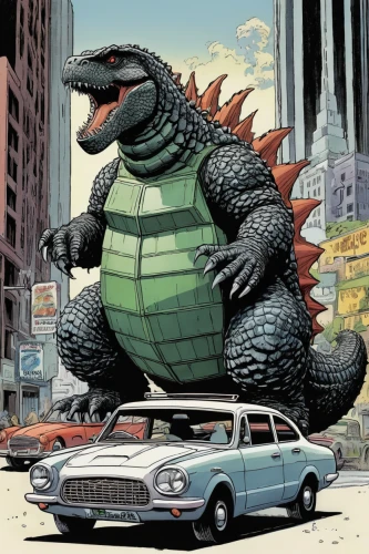 godzilla,saurian,subcompact car,hybrid vehicle,crossover suv,giant lizard,brock coupe,buick rendezvous,hood ornament,anthropomorphized animals,cab driver,new york taxi,heavy traffic,sci fiction illustration,t rex,traffic congestion,hybrid car,dormobile,jurassic,trachemys,Illustration,Black and White,Black and White 17