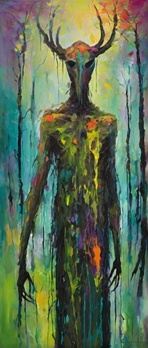 primitive man,shamanic,forest man,shamanism,shaman,trioceros,stag,elk,pagan,hag,prophet,supernatural creature,manchurian stag,glowing antlers,faun,horned,minotaur,tree man,psychedelic art,ego death,Conceptual Art,Oil color,Oil Color 20