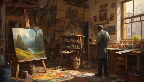watercolor shops,apothecary,meticulous painting,workspace,classroom,study,painter,oils,clutter,italian painter,study room,morning light,painting work,craftsman,artist portrait,watercolor tea shop,working space,merchant,work space,the evening light,Illustration,Realistic Fantasy,Realistic Fantasy 28