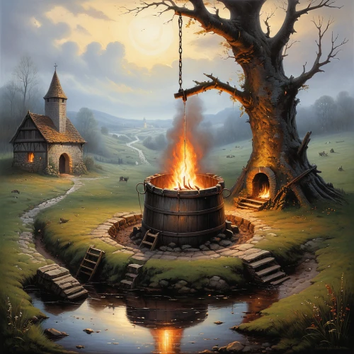 cauldron,wishing well,witch's house,hobbiton,candy cauldron,fantasy picture,fire bowl,potter's wheel,wood-burning stove,fantasy landscape,firepit,hearth,fairy chimney,charcoal kiln,fire pit,blacksmith,fireplaces,viticulture,fire ring,wine barrel,Conceptual Art,Fantasy,Fantasy 29