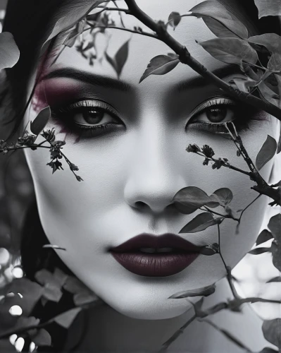 black cherry,photo manipulation,image manipulation,the enchantress,photomanipulation,cherry branches,photoshop manipulation,faery,deadly nightshade,bleeding heart,geisha girl,dryad,leafed through,lilac branches,gothic woman,autumn jewels,woman face,beauty face skin,black rose hip,wild cherry,Photography,Artistic Photography,Artistic Photography 06