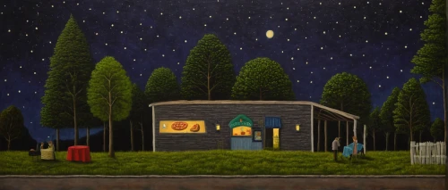 night scene,little house,small cabin,campground,house in the forest,log cabin,summer cottage,starry night,fireflies,sheds,cottage,holiday home,wooden hut,campsite,lonely house,home landscape,shed,small house,children's playhouse,cabin,Art,Artistic Painting,Artistic Painting 02