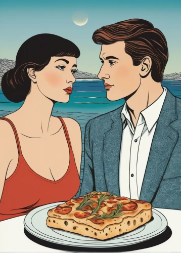 pizza hawaii,pizza service,retro 1950's clip art,sicilian cuisine,the pizza,pizzeria,huevos divorciados,romantic dinner,sicilian pizza,pizza,valentine's day clip art,dinner for two,romance novel,order pizza,date night,dating,grainau,mediterranean cuisine,antipasta,italian poster,Illustration,Black and White,Black and White 18