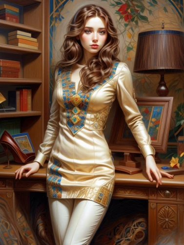 fantasy portrait,librarian,fantasy art,mystical portrait of a girl,fantasy woman,fairy tale character,vintage girl,vintage woman,suit of the snow maiden,victorian lady,priestess,painted lady,painter doll,chess player,white lady,dressmaker,gilding,girl in a historic way,fantasy picture,gold filigree