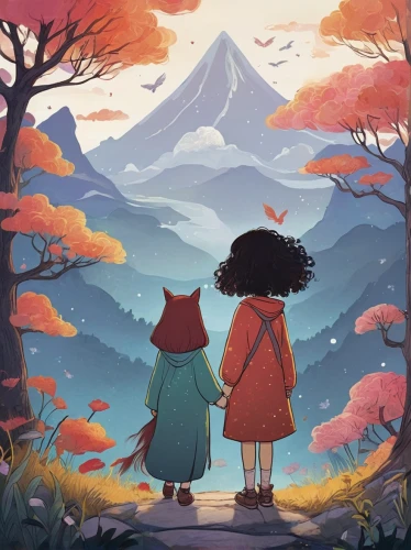 autumn walk,autumn background,forest walk,travelers,stroll,autumn day,autumn mountains,autumn theme,in the fall,hikers,wander,the autumn,fall landscape,autumn frame,fall,autumn,autumn idyll,one autumn afternoon,leaves are falling,exploration,Illustration,Paper based,Paper Based 16